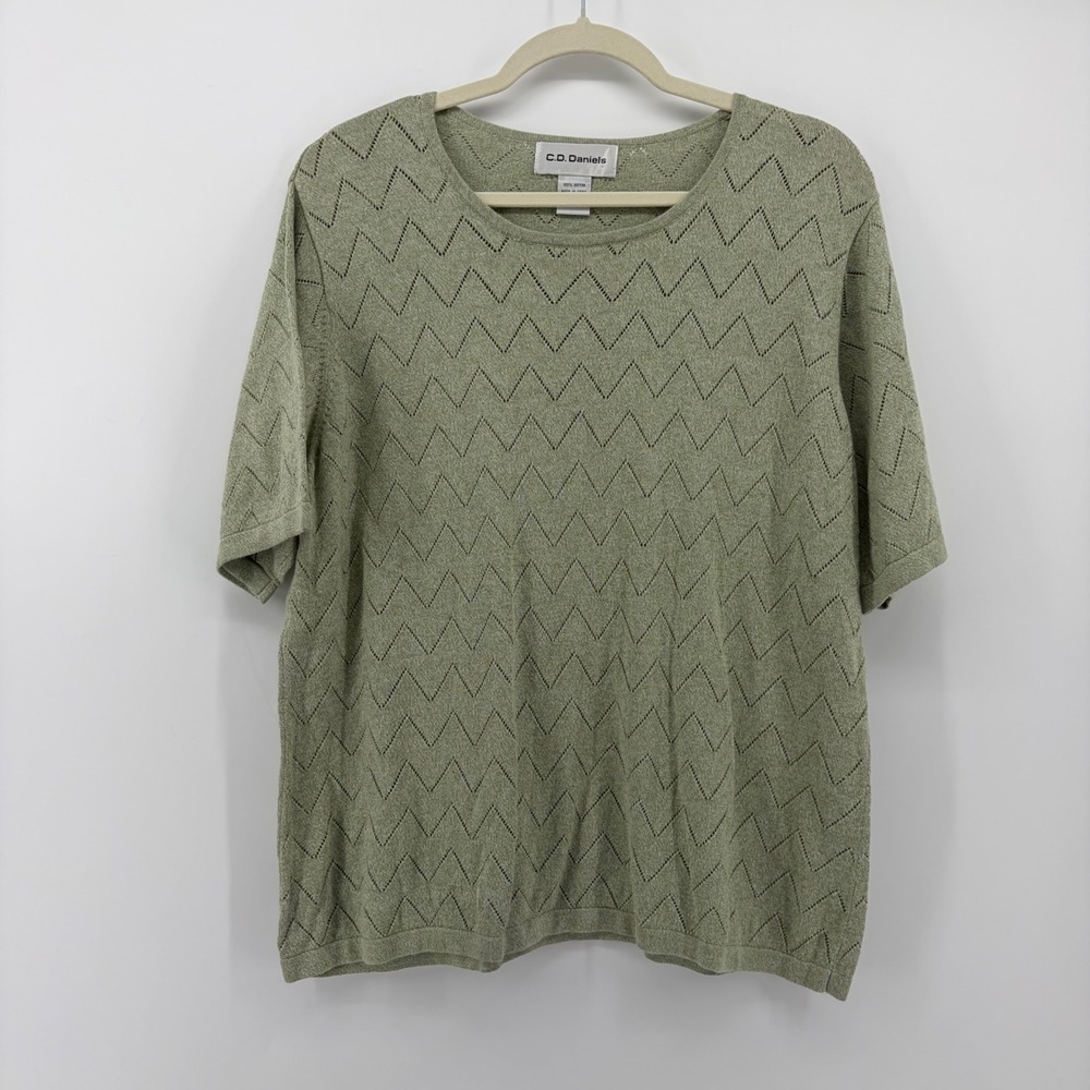 C.D. Daniels Womens 1X Green Short Sleeve‎ Cotton Pointelle Chevron Knit Sweater